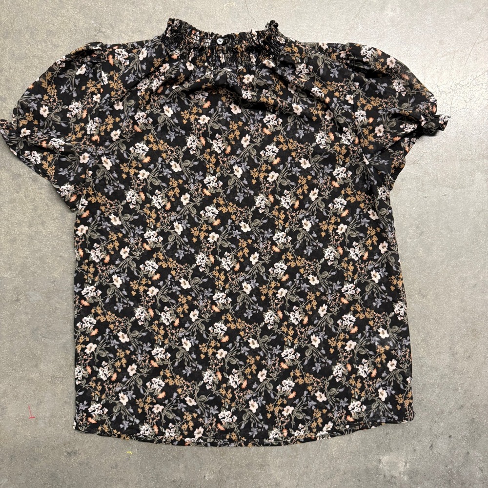 Böhme Womens Floral Smocked Mock Neck Puff Sleeve Blouse Black Small